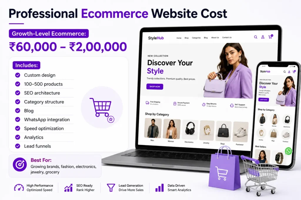 Professional Ecommerce Website pricing infographic showing ₹60,000 to ₹2,00,000 cost with custom design, SEO architecture, category structure, WhatsApp integration, analytics, and lead funnels.