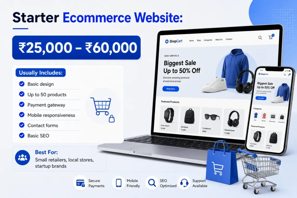 Starter Ecommerce Website pricing infographic showing ₹25,000 to ₹60,000 cost with features like basic design, up to 50 products, payment gateway, mobile responsiveness, and SEO for startups and small retailers.