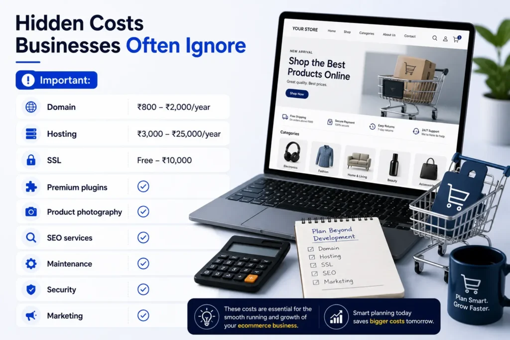 Hidden Ecommerce Website Costs infographic showing domain, hosting, SSL, premium plugins, product photography, SEO services, maintenance, security, and marketing expenses.